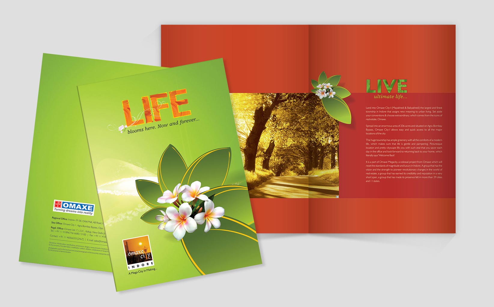 Omaxe City-I - Life blooms here, now and forever..., brochure cover and inside page